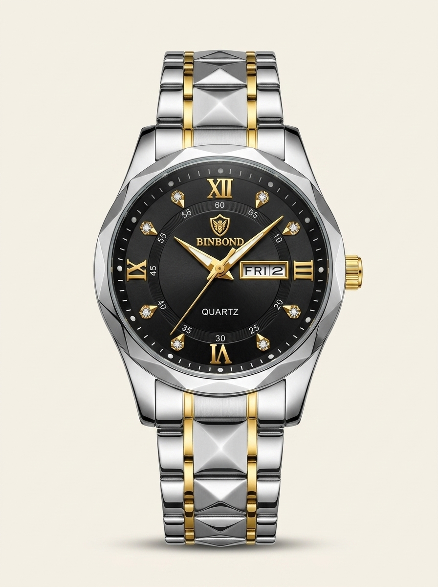 BINBOND Two-Tone Gold & Silver Quartz Watch with Black Dial