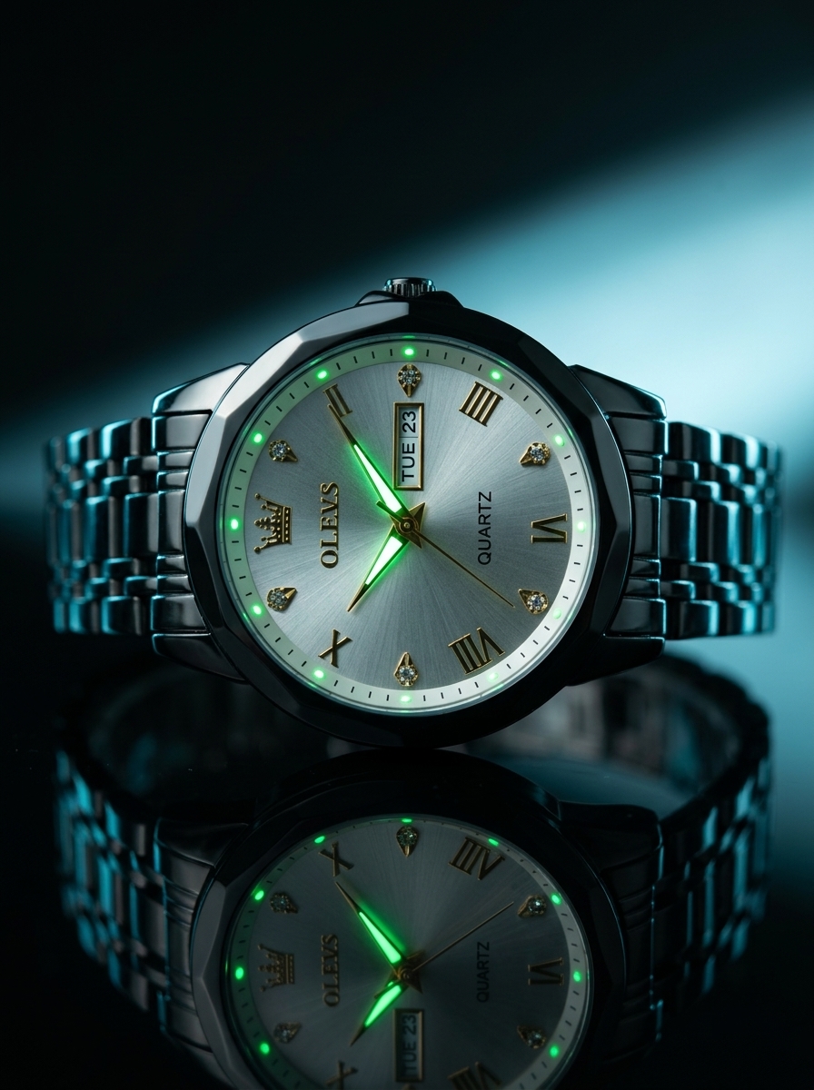 OLEVS Black Stainless Steel Quartz Watch with Silver Dial image preview