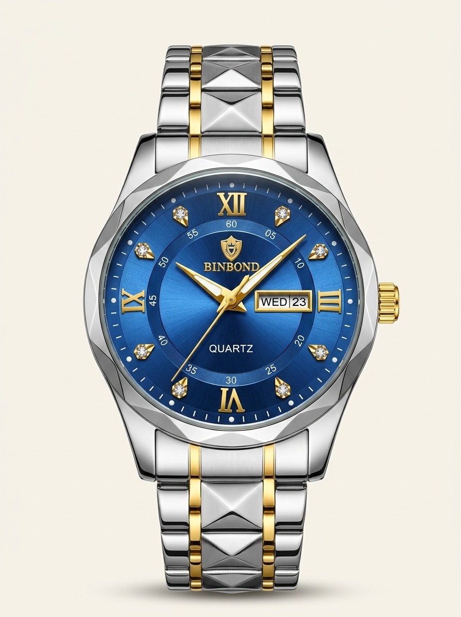 BINBOND Two-Tone Gold & Silver Quartz Watch with Royal Blue Dial
