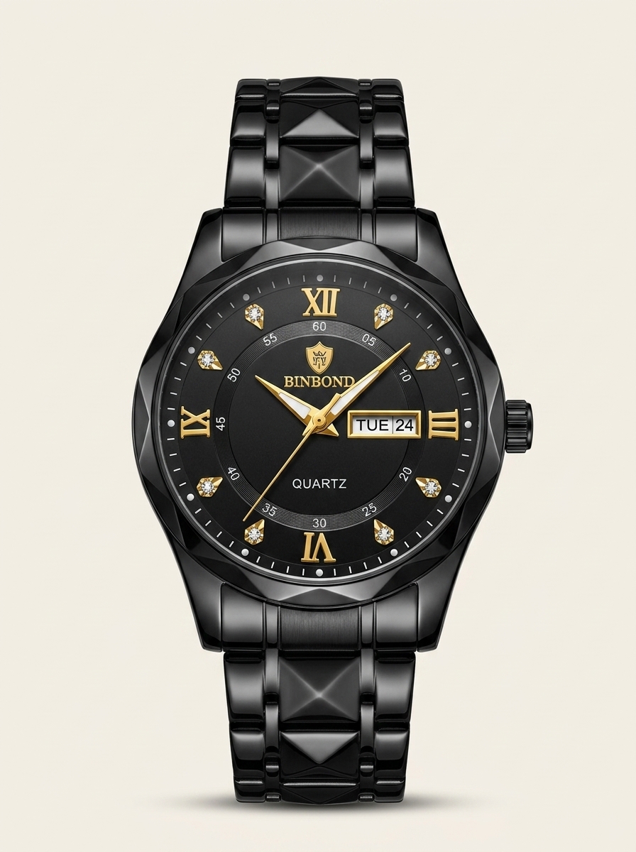 BINBOND All-Black Quartz Watch with Gold Accents
