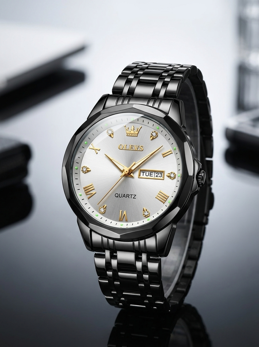 OLEVS Black Stainless Steel Quartz Watch with Silver Dial