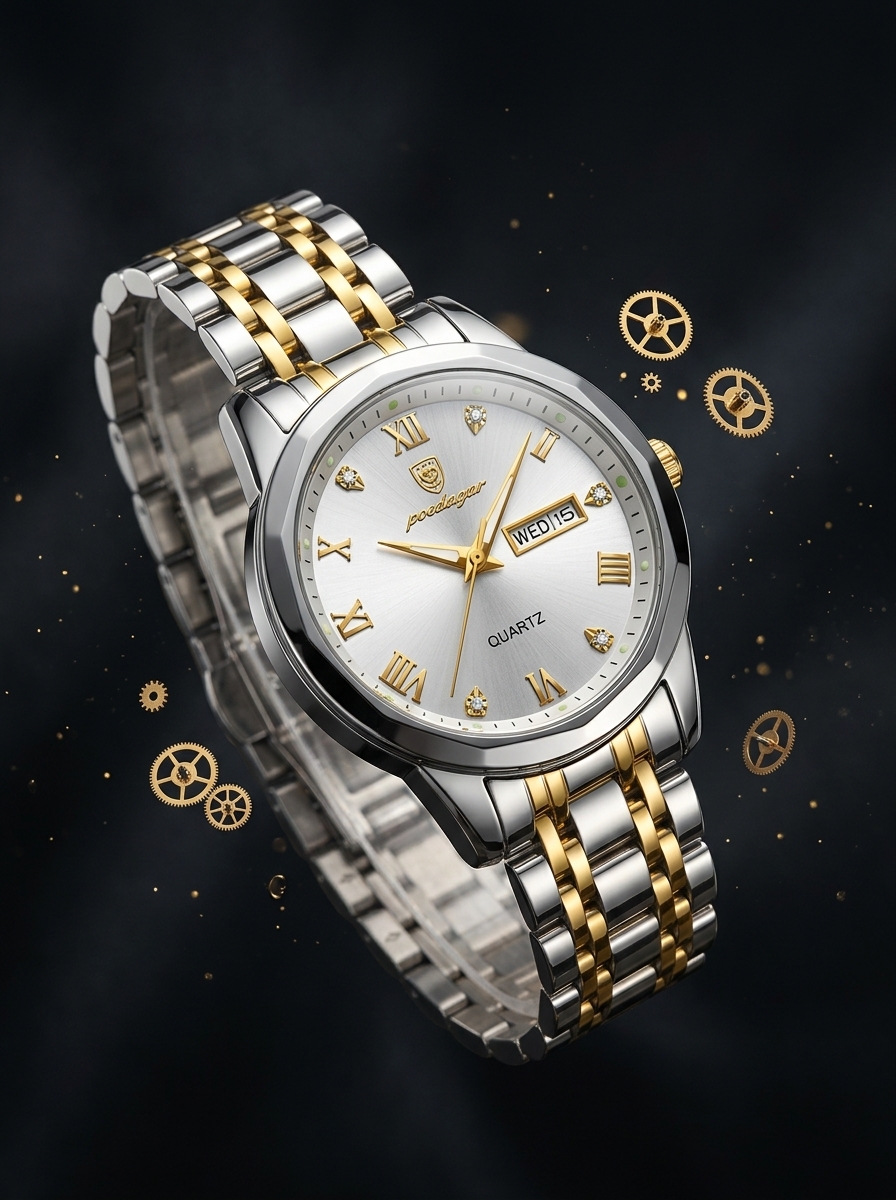 Poedagar Two-Tone Gold & Silver Stainless Steel Quartz Watch (Silver Dial)