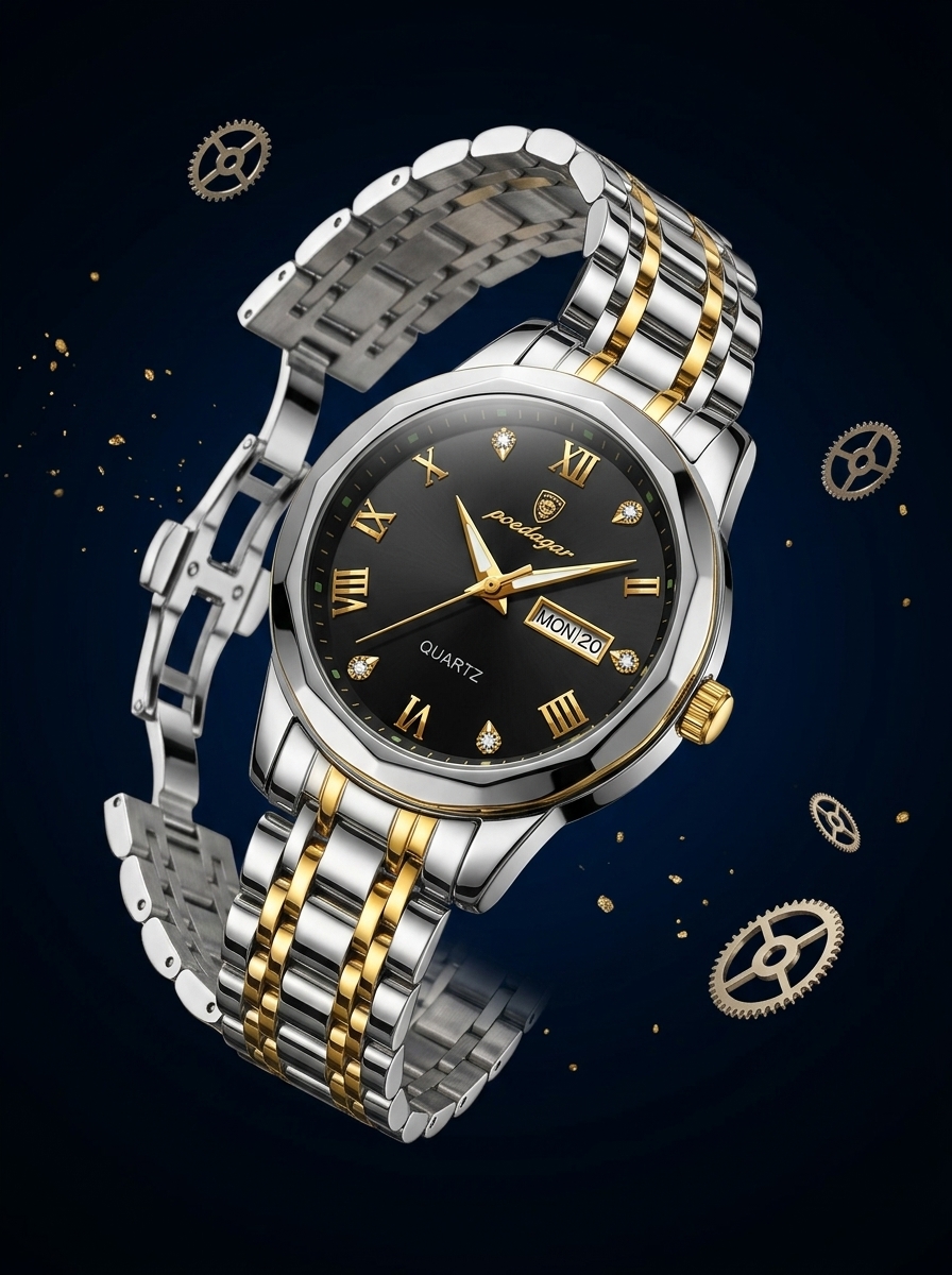 Poedagar Two-Tone Gold & Silver Stainless Steel Quartz Watch (Black Dial)