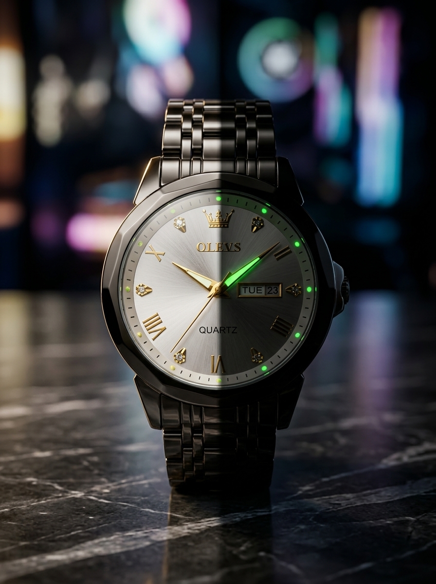 OLEVS Black Stainless Steel Quartz Watch with Silver Dial image preview